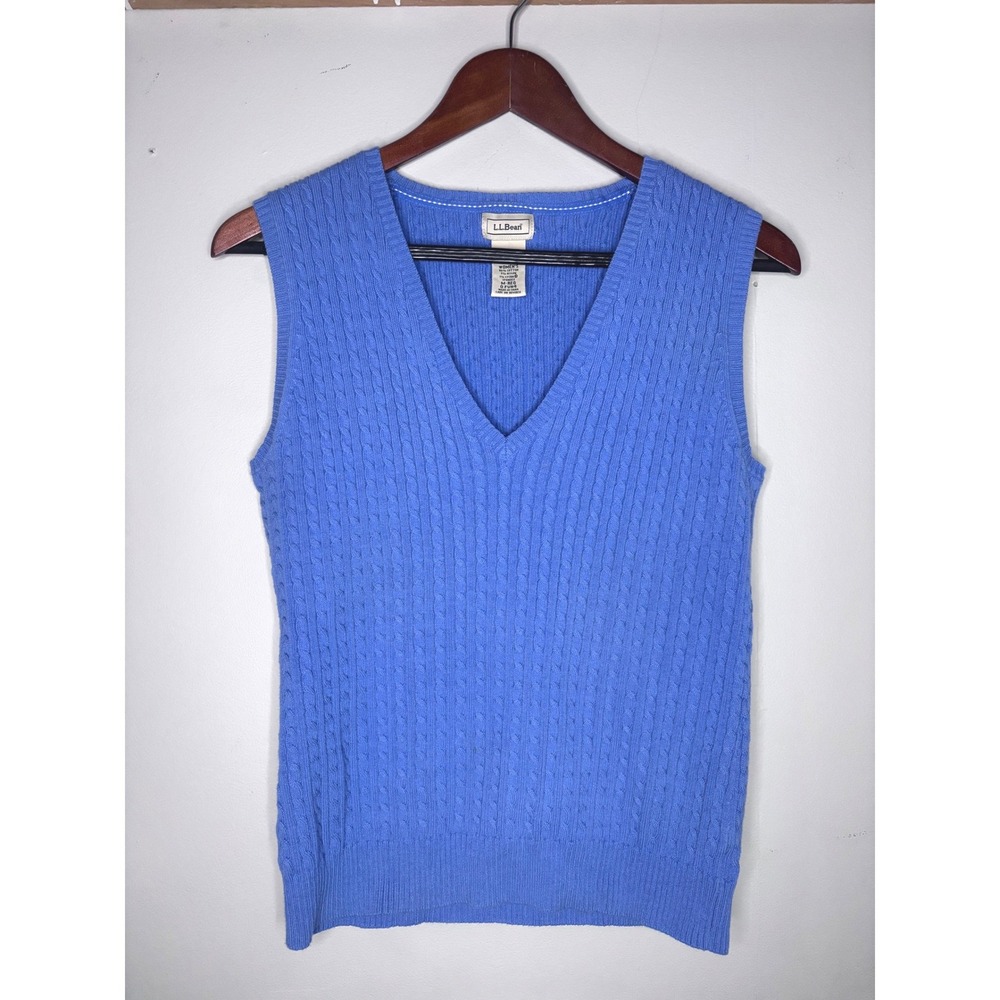 LL Bean Blue Cable Knit Sweater Vest‎ Womens Medium Cotton Preppy Classic